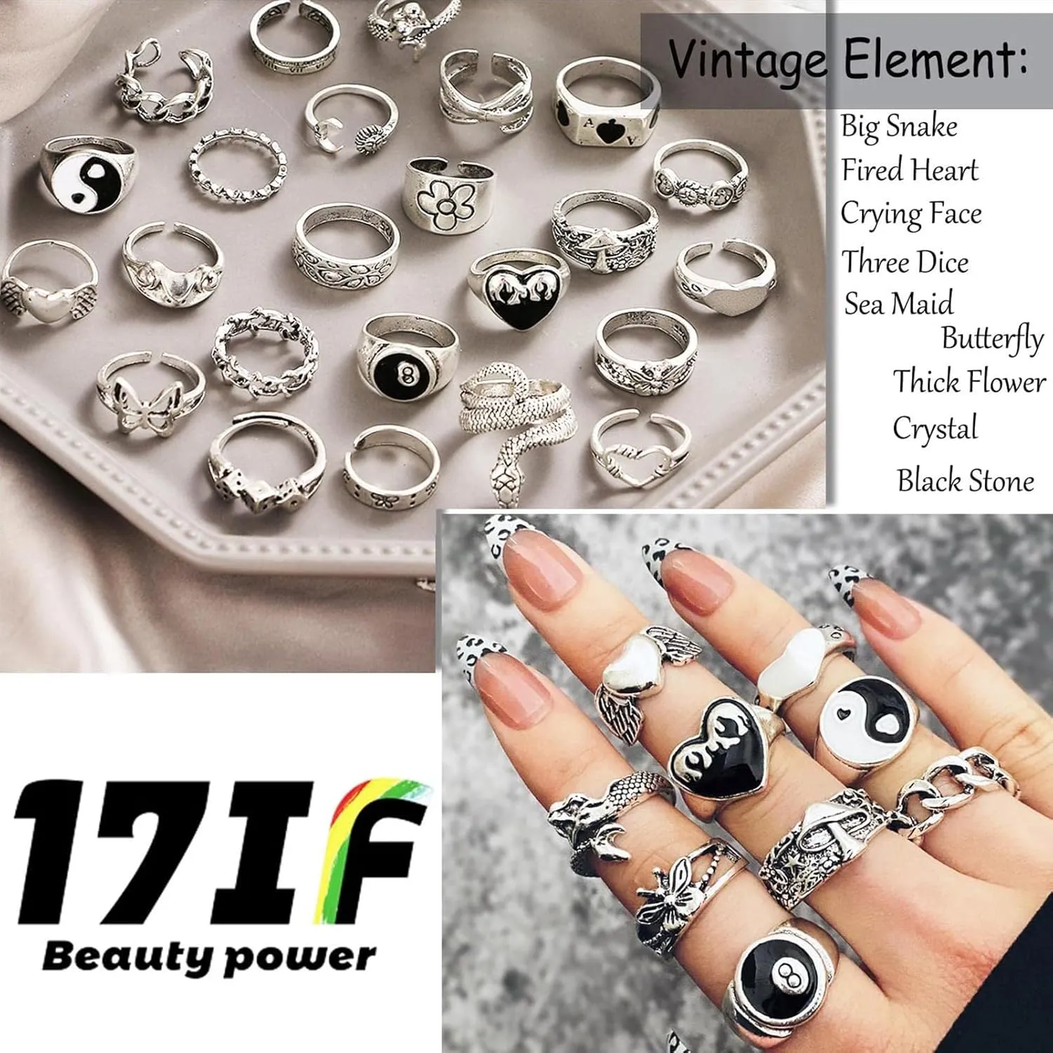 17IF 26-35 Pcs Vintage Silver Knuckle Rings Set for Women Men, Grunge Gothic Rings Chunky Aesthetic Snake Stackable Adjustable Punk Bulky Finger Alt Fairy Skull Frog Heart Star Flower Midi Ring Pack