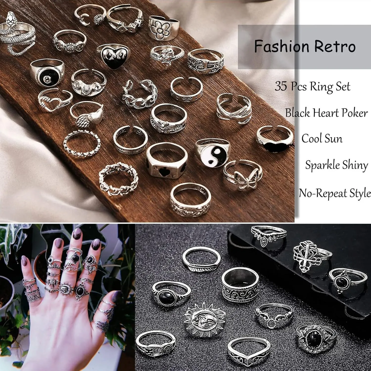 17IF 26-35 Pcs Vintage Silver Knuckle Rings Set for Women Men, Grunge Gothic Rings Chunky Aesthetic Snake Stackable Adjustable Punk Bulky Finger Alt Fairy Skull Frog Heart Star Flower Midi Ring Pack