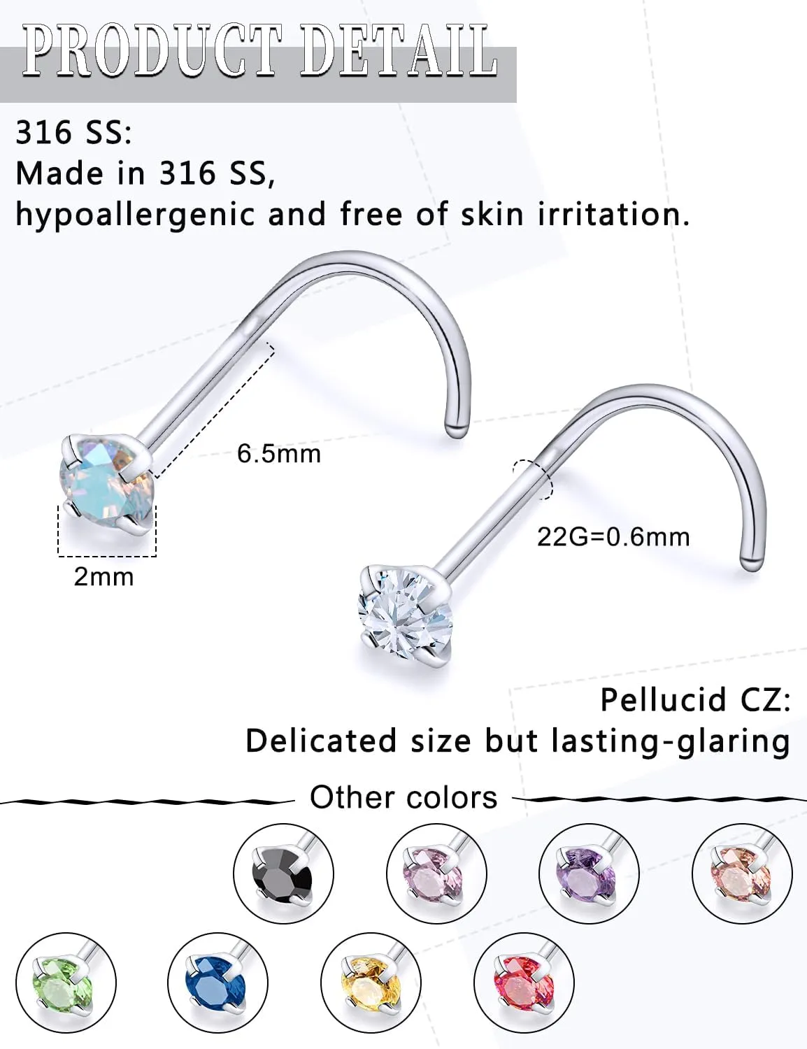 18G 20G 22G Round Cubic Zirconia Nose Rings Studs for Women Men 316L Stainless Surgical Steel Nose Ring Stud Piercing Jewelry Silver Clear CZ 1.5mm 2mm