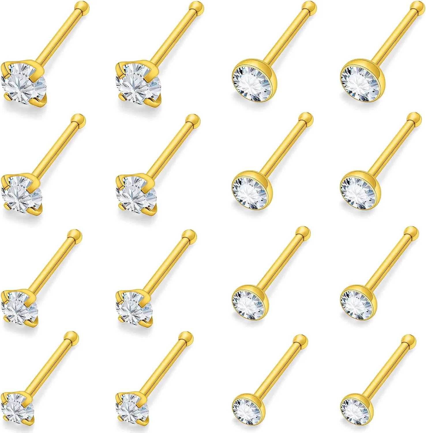 18G 20G 22G Round Cubic Zirconia Nose Rings Studs for Women Men 316L Stainless Surgical Steel Nose Ring Stud Piercing Jewelry Silver Gold Clear CZ 1.5mm 2mm 2.5mm 3mm