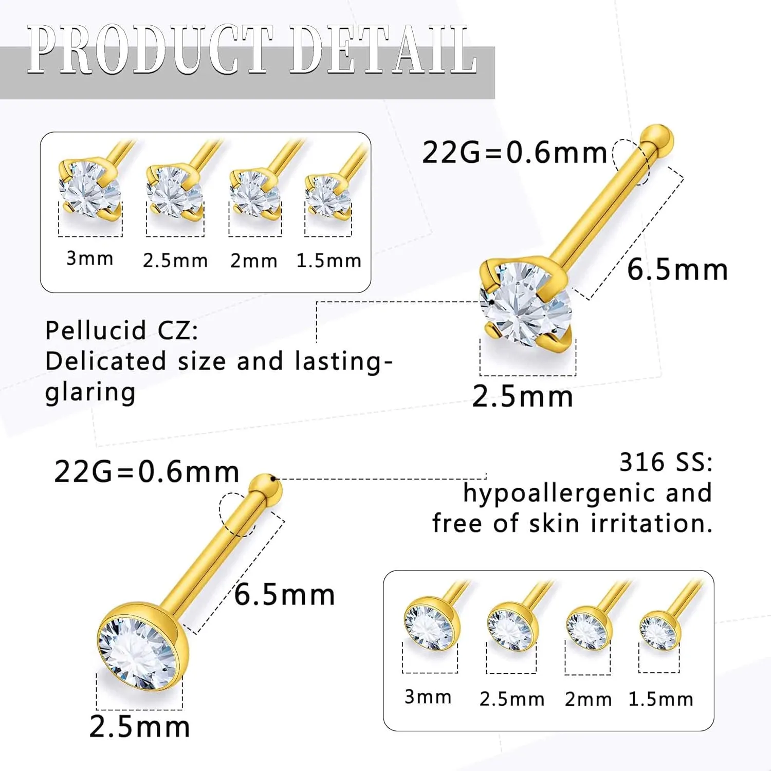18G 20G 22G Round Cubic Zirconia Nose Rings Studs for Women Men 316L Stainless Surgical Steel Nose Ring Stud Piercing Jewelry Silver Gold Clear CZ 1.5mm 2mm 2.5mm 3mm