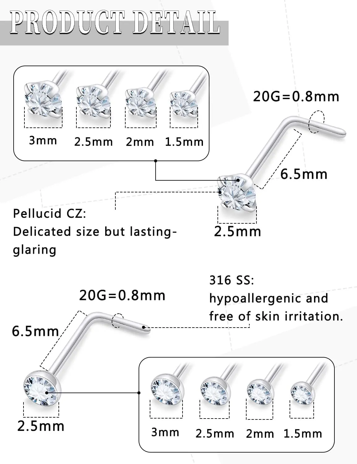 18G 20G 22G Round Cubic Zirconia Nose Rings Studs for Women Men 316L Stainless Surgical Steel Nose Ring Stud Piercing Jewelry Silver Gold Clear CZ 1.5mm 2mm 2.5mm 3mm