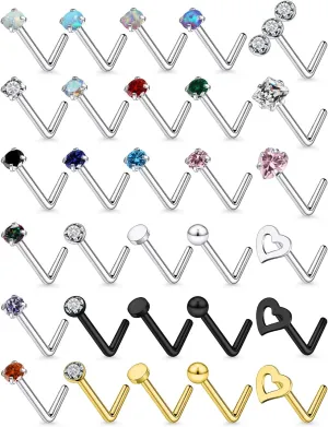 18G 20G Nose Rings Studs Piercing Jewelry for Women 316L Surgical Stainless Steel L Shaped Screw Straight Opal CZ Nose Rings Studs Hypoallergenic Nostril Piercing Jewelry for Women Men 30Pcs