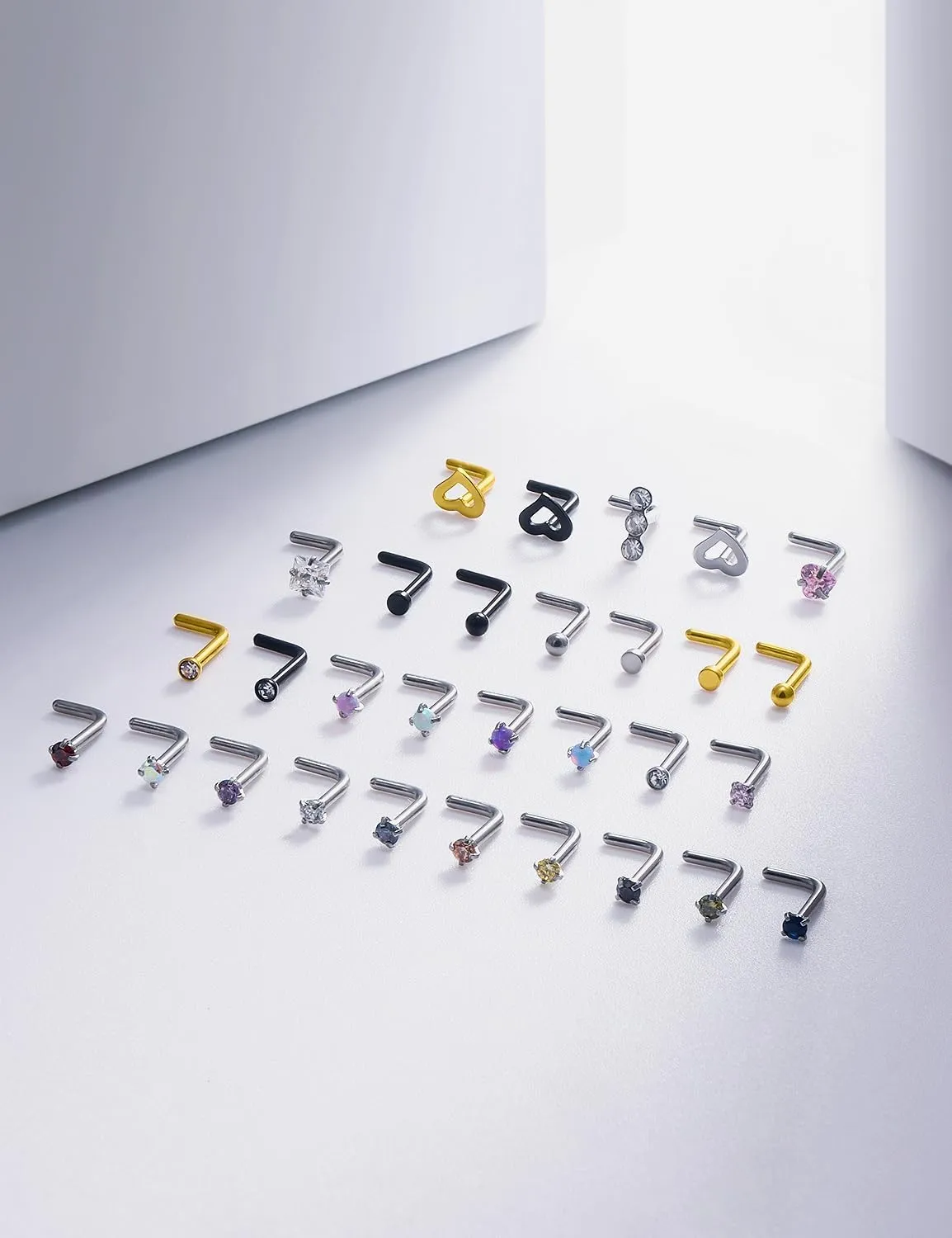 18G 20G Nose Rings Studs Piercing Jewelry for Women 316L Surgical Stainless Steel L Shaped Screw Straight Opal CZ Nose Rings Studs Hypoallergenic Nostril Piercing Jewelry for Women Men 30Pcs