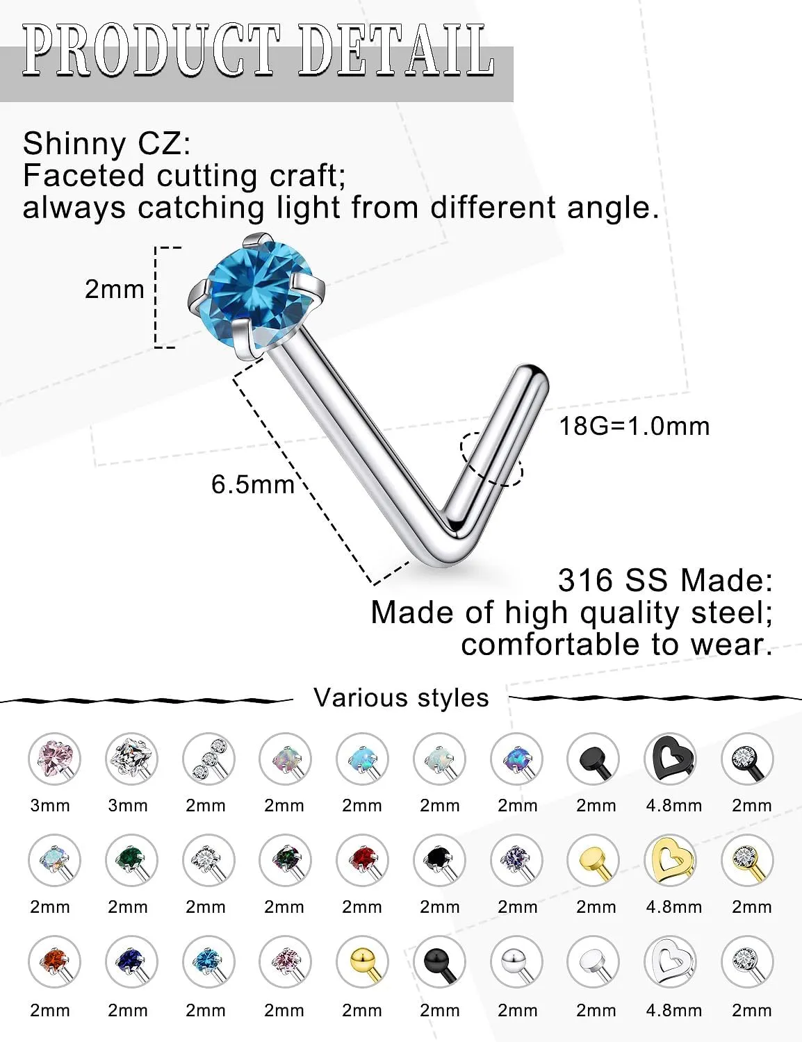18G 20G Nose Rings Studs Piercing Jewelry for Women 316L Surgical Stainless Steel L Shaped Screw Straight Opal CZ Nose Rings Studs Hypoallergenic Nostril Piercing Jewelry for Women Men 30Pcs