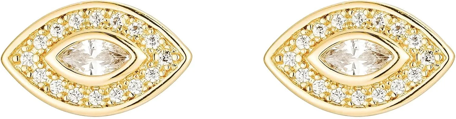18k Gold Evil Eye Stud Earrings - 18K Gold Plated Delicate Minimalist Earrings with White Zircon Stones | Symbolic Protection Jewelry for Women, Gift for Her