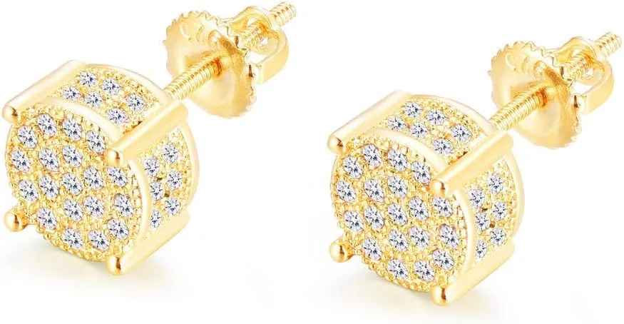 18K Gold Plated 925 Sterling Silver Iced Out Cubic Zirconia Screw Back Round Stud Earring For Men Hypoallergenic Earring Micropave Hip Hop Jewelry CHARLINLIOL
