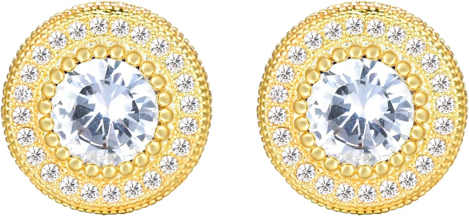 18K Gold Plated 925 Sterling Silver Iced Out Cubic Zirconia Screw Back Round Stud Earring For Men Hypoallergenic Earring Micropave Hip Hop Jewelry CHARLINLIOL