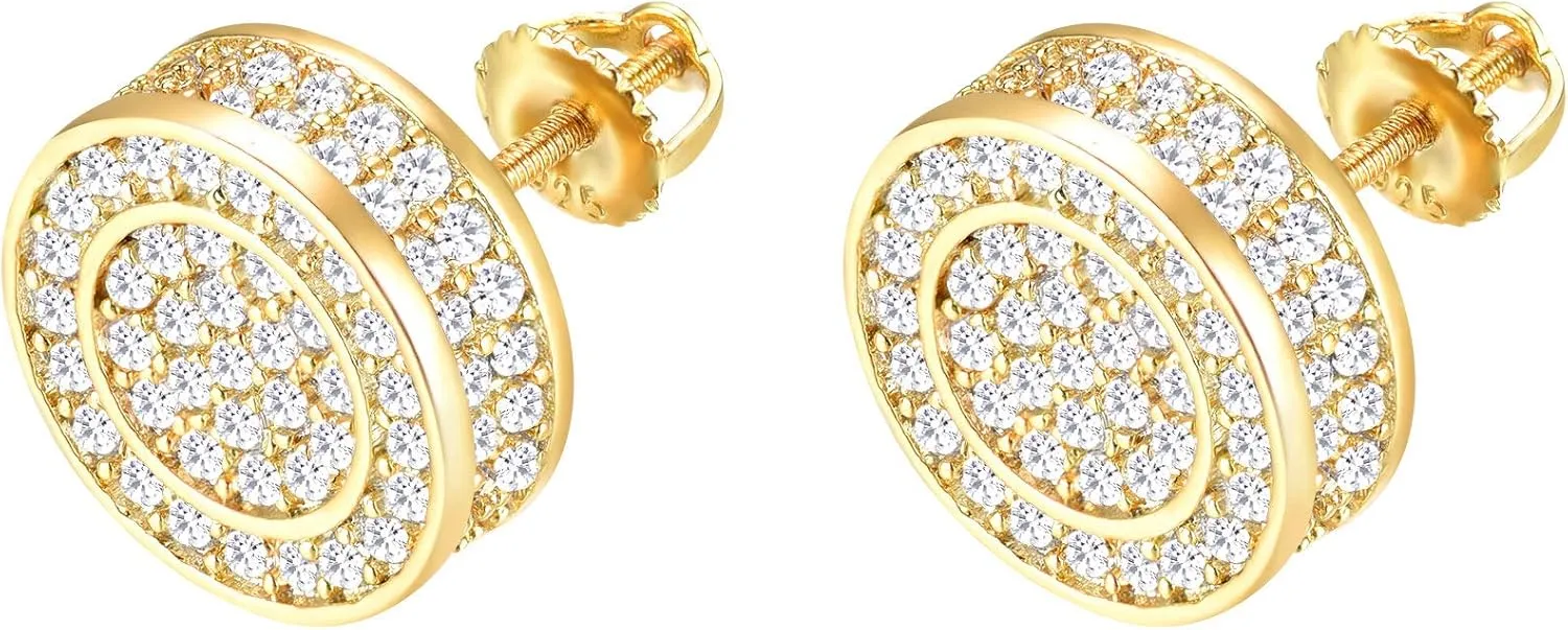 18K Gold Plated 925 Sterling Silver Iced Out Cubic Zirconia Screw Back Round Stud Earring For Men Hypoallergenic Earring Micropave Hip Hop Jewelry CHARLINLIOL