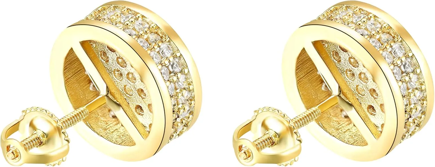 18K Gold Plated 925 Sterling Silver Iced Out Cubic Zirconia Screw Back Round Stud Earring For Men Hypoallergenic Earring Micropave Hip Hop Jewelry CHARLINLIOL