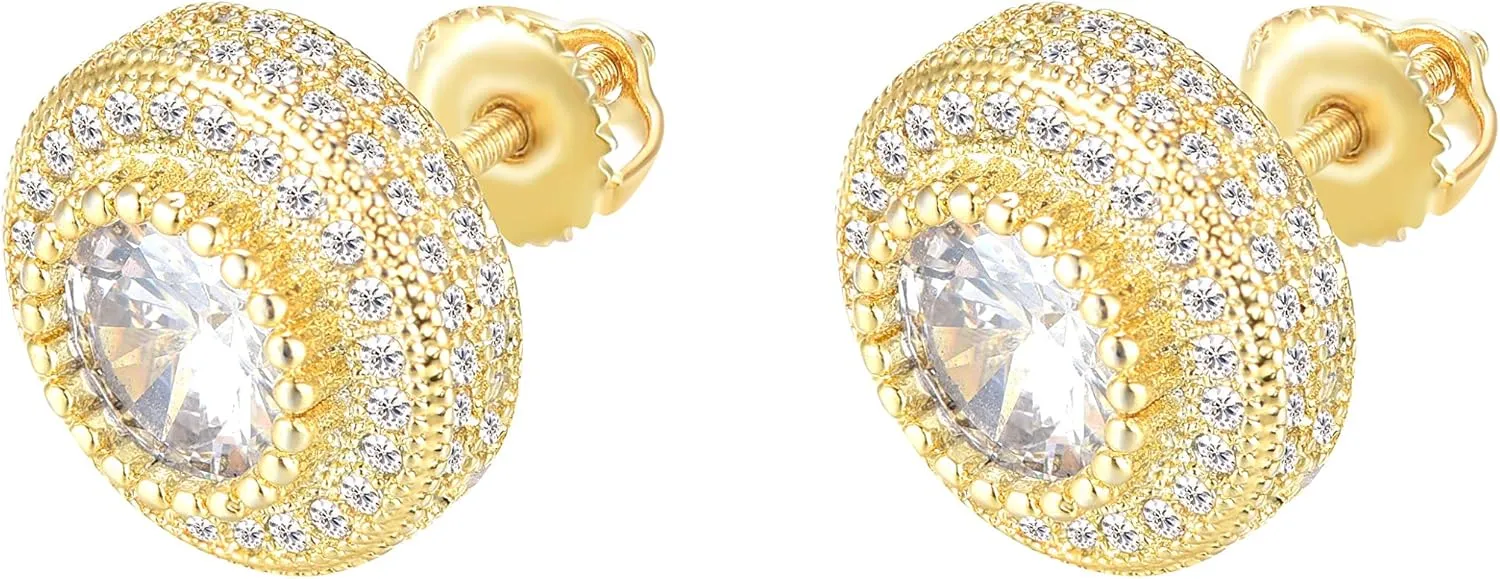 18K Gold Plated 925 Sterling Silver Iced Out Cubic Zirconia Screw Back Round Stud Earring For Men Hypoallergenic Earring Micropave Hip Hop Jewelry CHARLINLIOL