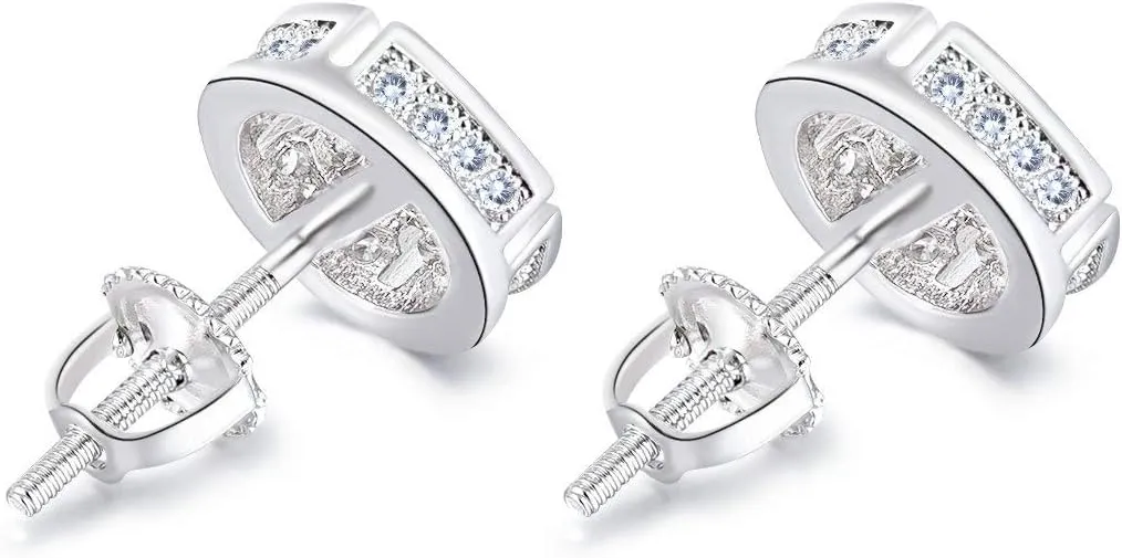 18K Gold Plated 925 Sterling Silver Iced Out Cubic Zirconia Screw Back Round Stud Earring For Men Hypoallergenic Earring Micropave Hip Hop Jewelry CHARLINLIOL