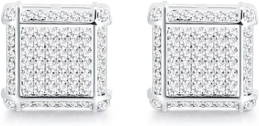 18K Gold Plated 925 Sterling Silver Iced Out Cubic Zirconia Screw Back Square Stud Earring For Men and Women Hypoallergenic Earring TwoTone Micropave Hip Hop Jewelry