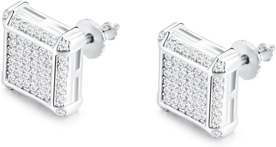 18K Gold Plated 925 Sterling Silver Iced Out Cubic Zirconia Screw Back Square Stud Earring For Men and Women Hypoallergenic Earring TwoTone Micropave Hip Hop Jewelry
