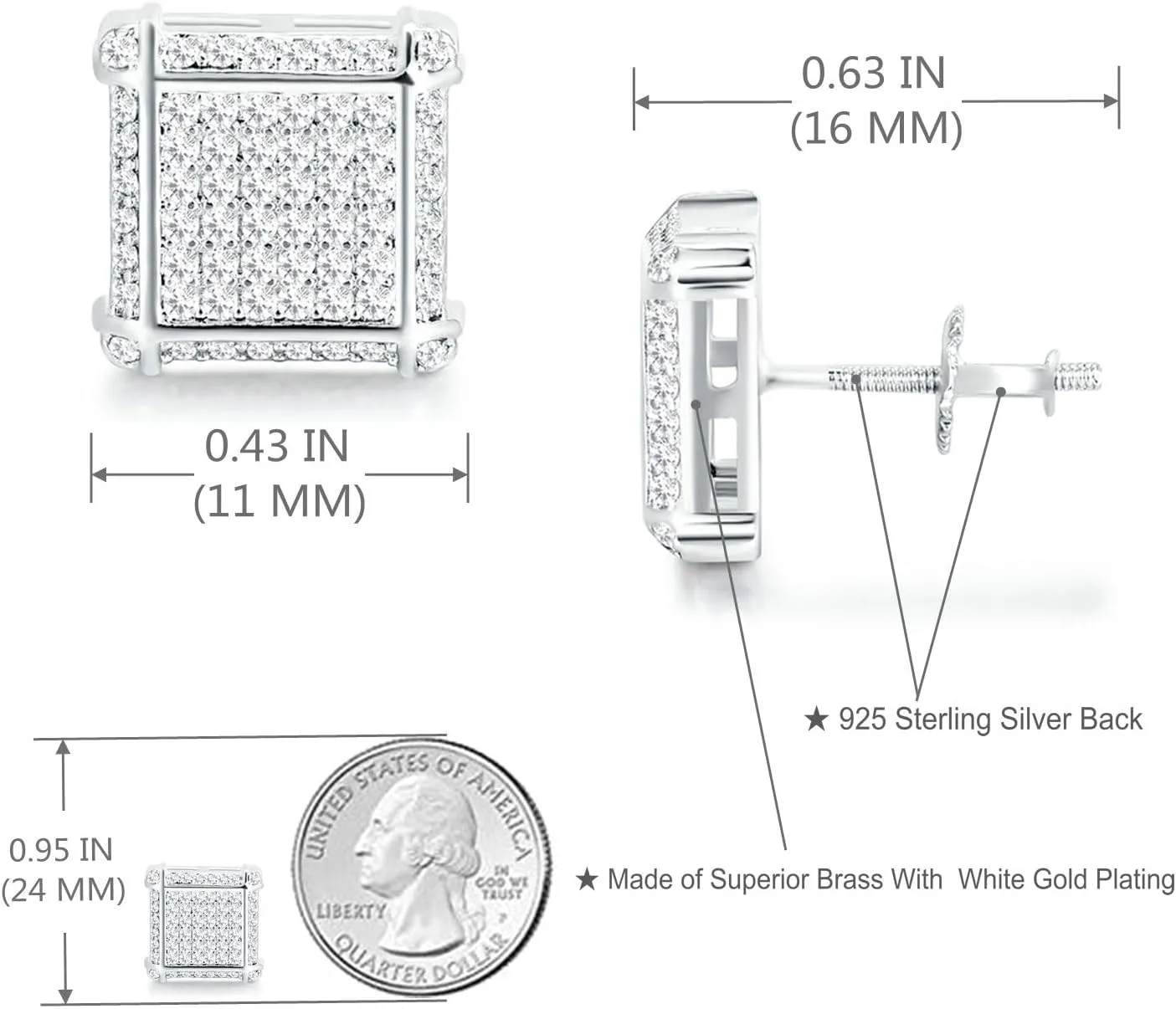 18K Gold Plated 925 Sterling Silver Iced Out Cubic Zirconia Screw Back Square Stud Earring For Men and Women Hypoallergenic Earring TwoTone Micropave Hip Hop Jewelry