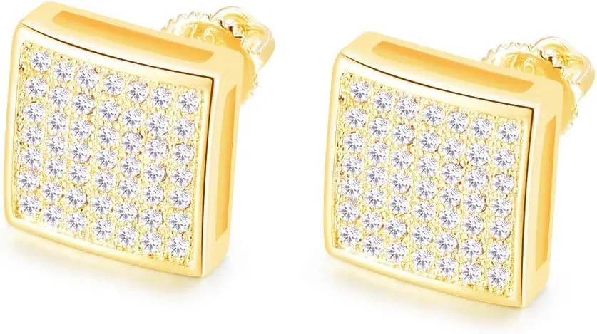 18K Gold Plated 925 Sterling Silver Iced Out Cubic Zirconia Screw Back Square Stud Earring For Men Hypoallergenic Earring Micropave Hip Hop Jewelry CHARLINLIOL