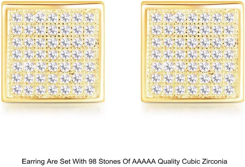 18K Gold Plated 925 Sterling Silver Iced Out Cubic Zirconia Screw Back Square Stud Earring For Men Hypoallergenic Earring Micropave Hip Hop Jewelry CHARLINLIOL