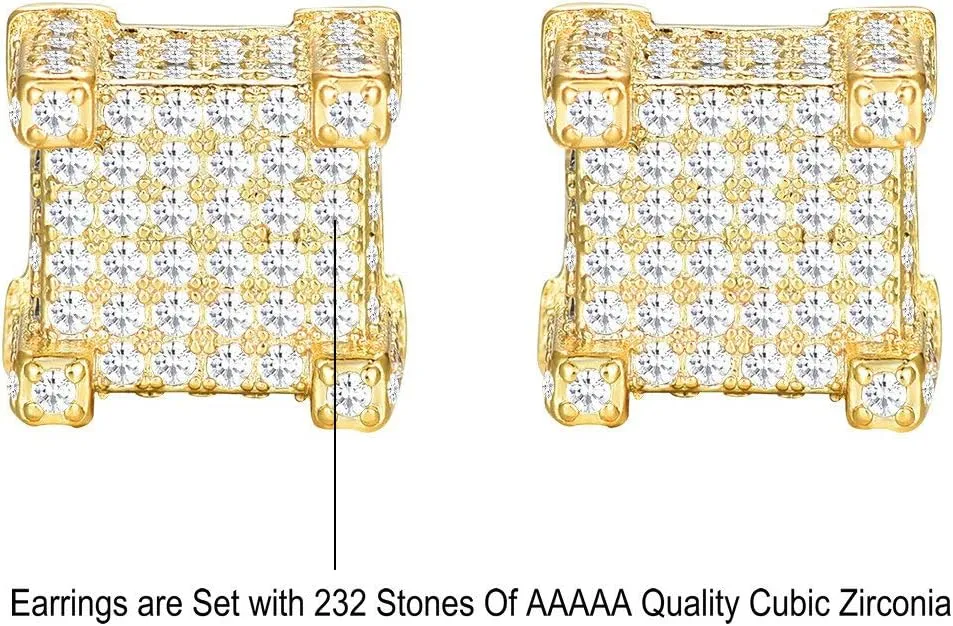 18K Gold Plated 925 Sterling Silver Iced Out Cubic Zirconia Screw Back Square Stud Earring For Men Hypoallergenic Earring Micropave Hip Hop Jewelry CHARLINLIOL