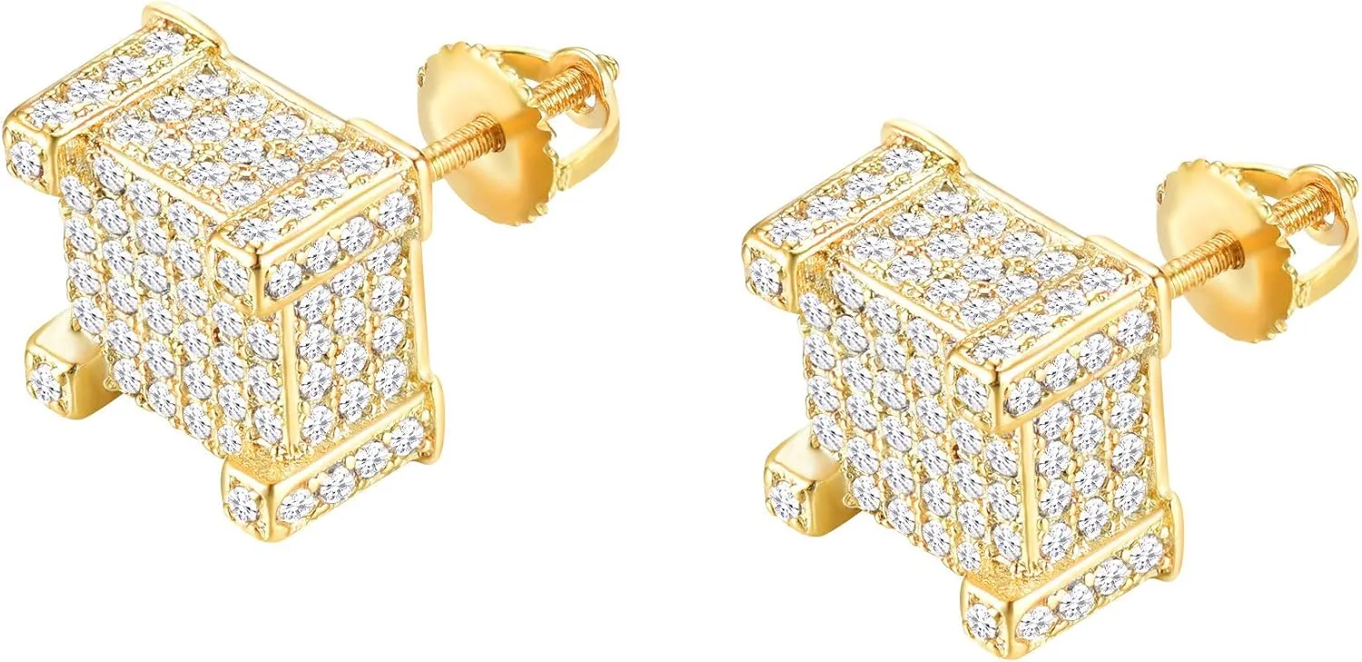18K Gold Plated 925 Sterling Silver Iced Out Cubic Zirconia Screw Back Square Stud Earring For Men Hypoallergenic Earring Micropave Hip Hop Jewelry CHARLINLIOL