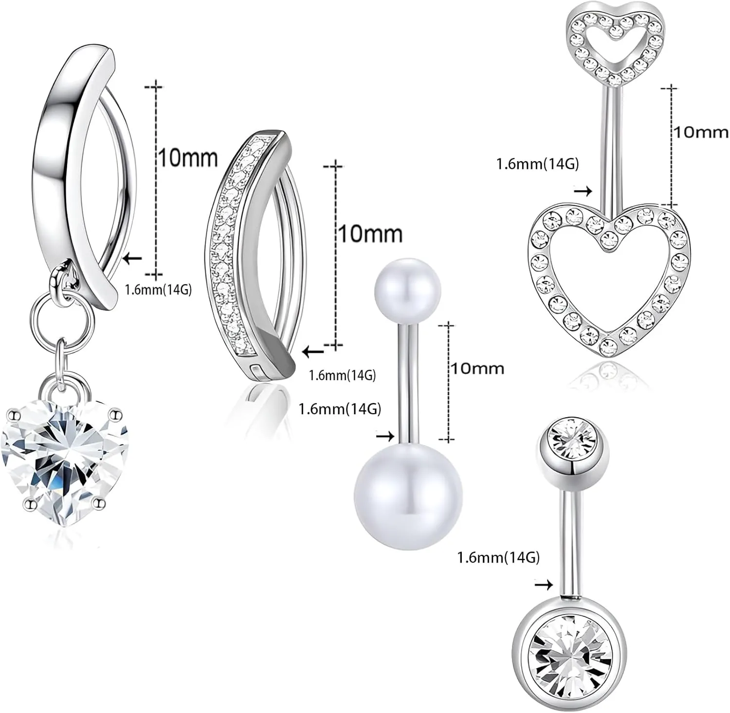 1SET White Tesselation Zircon 1.6mm(14G) Long Heart-shaped Navel Belly Studs Kit Belly Button Piercing Hidden Helix Earring Body Piercing Jewelry For Women Titanium Steel Stainless Steel 10mm