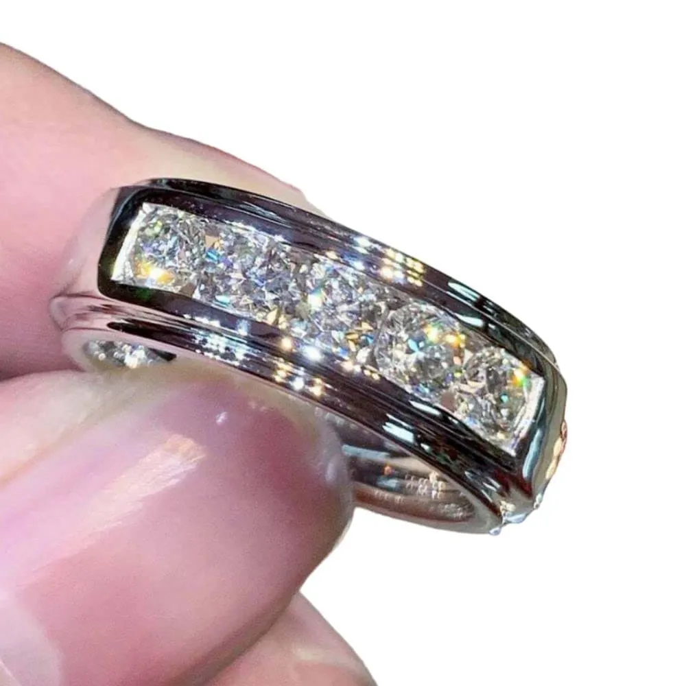 2 Ct Round Cut Diamond Men's Wedding Band Ring, 14k White Gold Finish, Channel Set, Real Silver (White, 9.5)