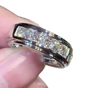 2 Ct Round Cut Diamond Men's Wedding Band Ring, 14k White Gold Finish, Channel Set, Real Silver (White, 9.5)