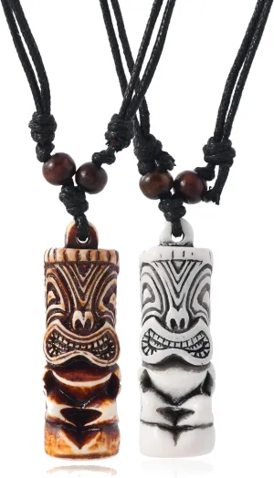 2 PCS Hawaiian Protection Amulet Lucky Pendant Necklace Set Tiki Fish Hook Turtles Tortoise Shark Wolf Tooth Caved Satue Pendant Necklace Handmade Polynesian Ethnic Tribal Vintage Surfer Beach Necklaces for Men Women