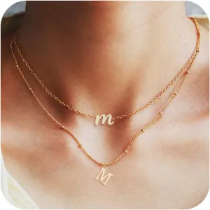 2 Pcs Layered Initial Necklaces for Women, 14K Gold Plated Letter A-Z Pendant Necklace Trendy Personalized Layered Gold Tiny Initial Dainty Necklaces for Women teenagers Jewelry