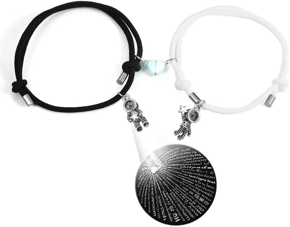 2-piece set: Luminous heart-shaped projection bracelet - I Love You in 100 languages, exclusively for couples, Valentine's Day gift Heart black white