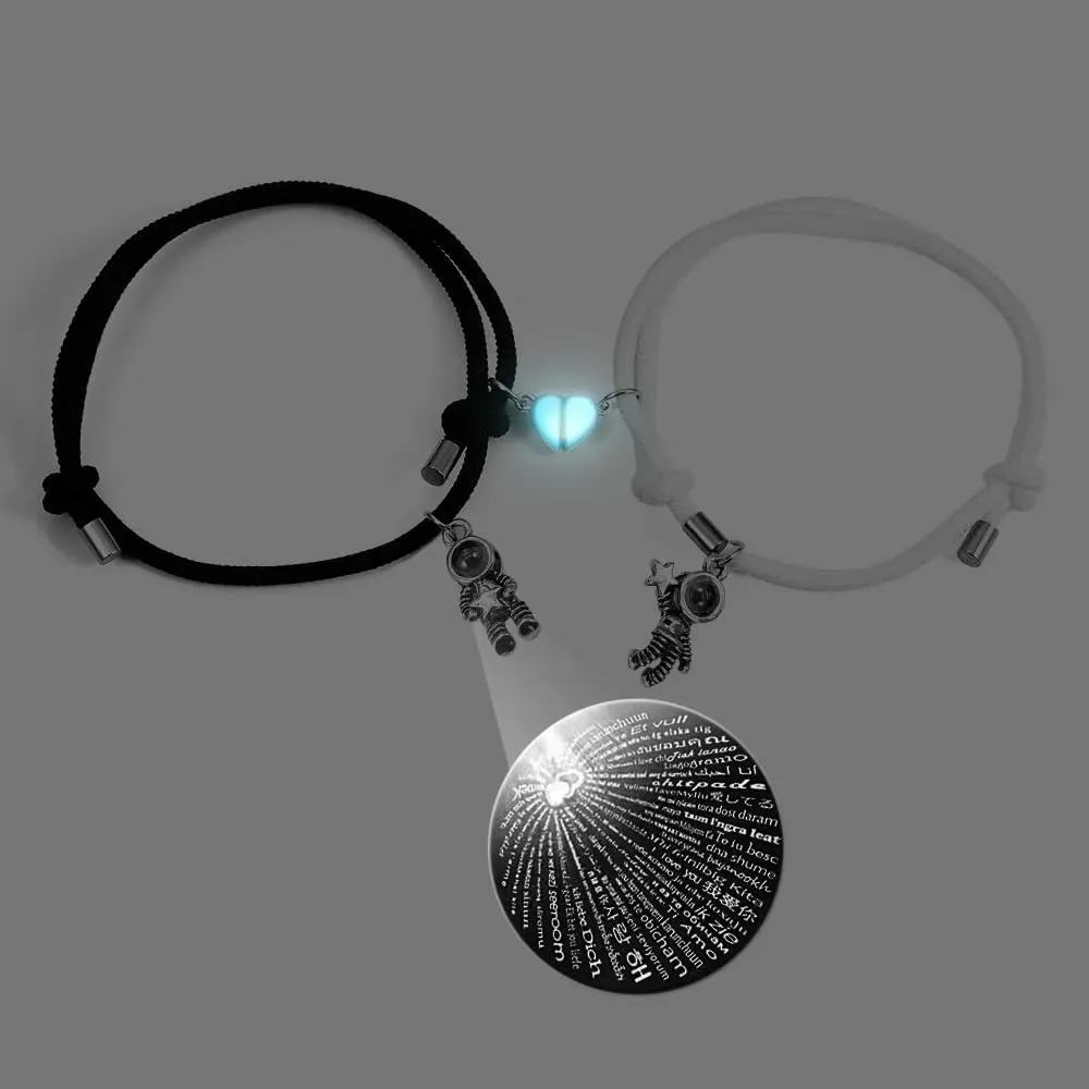 2-piece set: Luminous heart-shaped projection bracelet - I Love You in 100 languages, exclusively for couples, Valentine's Day gift Heart black white