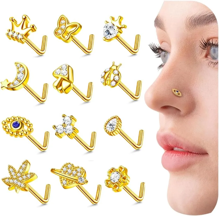 20G 12Pcs Nose Rings Stud Stainless Steel L Shaped Studs Nose Ring Flower CZ Evil Eye Butterfly Screw Nose Studs Jewelry for Women Men Silver 14K Gold Nose Stud Black Piercings Jewelry