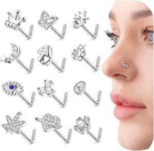 20G 12Pcs Nose Rings Stud Stainless Steel L Shaped Studs Nose Ring Flower CZ Evil Eye Butterfly Screw Nose Studs Jewelry for Women Men Silver 14K Gold Nose Stud Black Piercings Jewelry