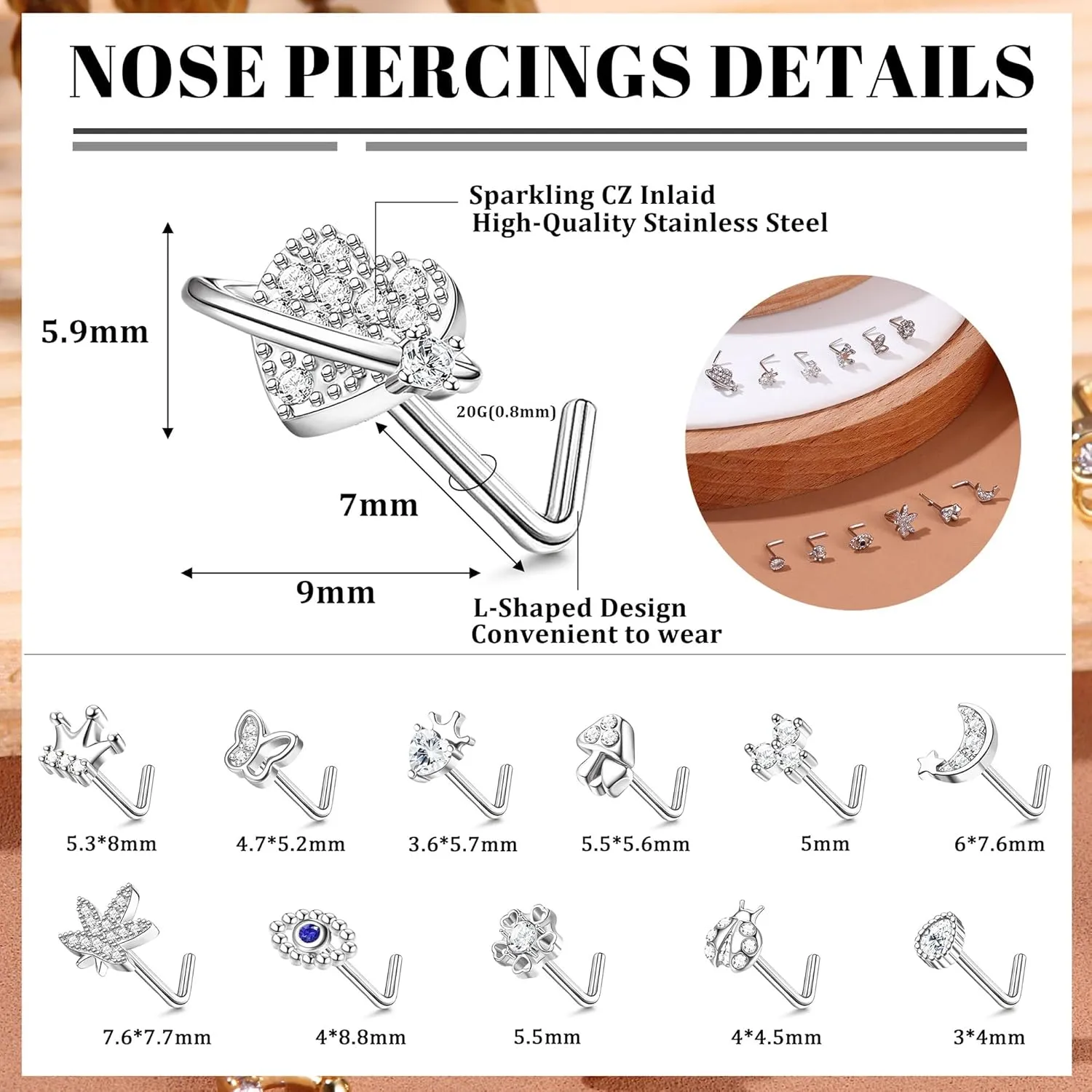 20G 12Pcs Nose Rings Stud Stainless Steel L Shaped Studs Nose Ring Flower CZ Evil Eye Butterfly Screw Nose Studs Jewelry for Women Men Silver 14K Gold Nose Stud Black Piercings Jewelry