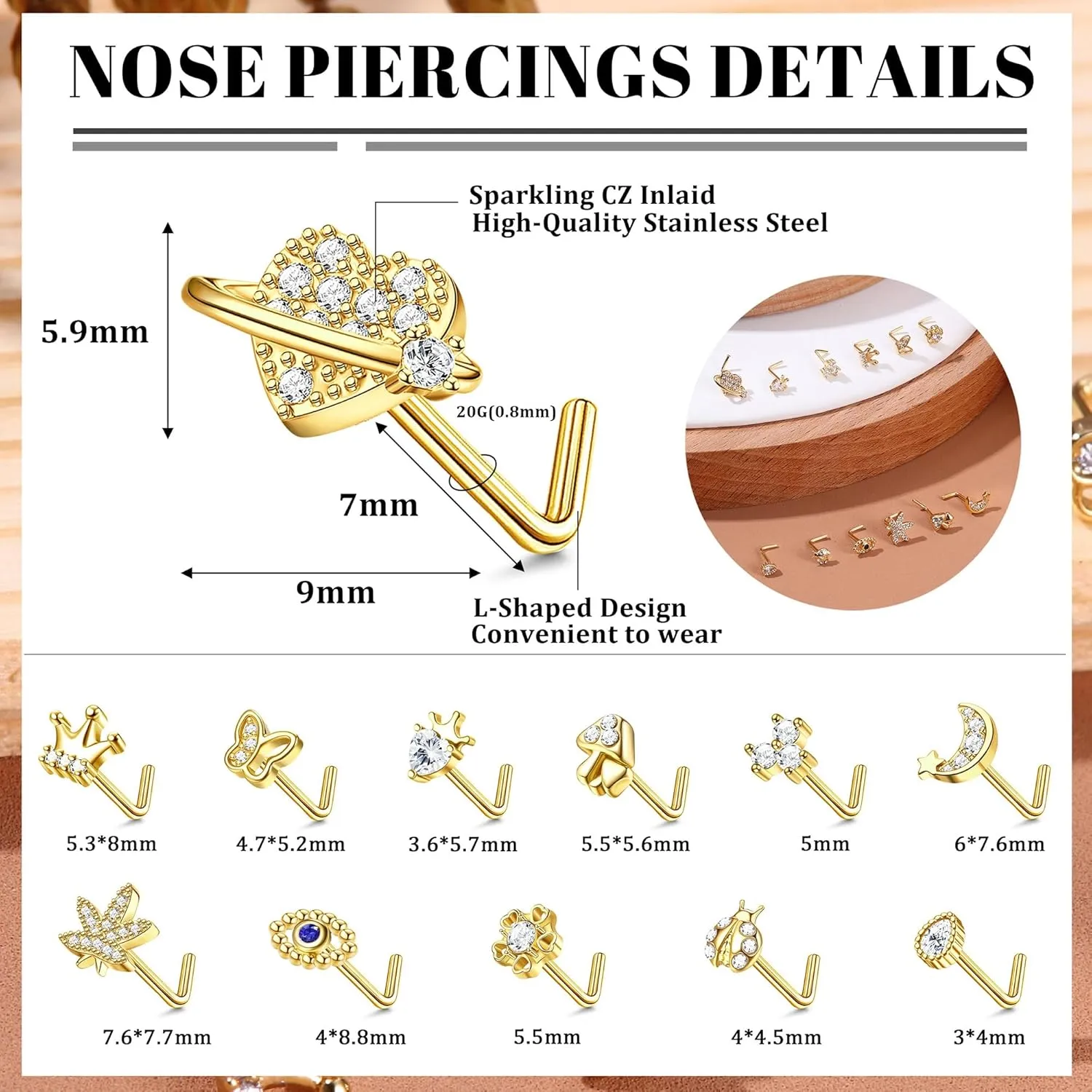 20G 12Pcs Nose Rings Stud Stainless Steel L Shaped Studs Nose Ring Flower CZ Evil Eye Butterfly Screw Nose Studs Jewelry for Women Men Silver 14K Gold Nose Stud Black Piercings Jewelry