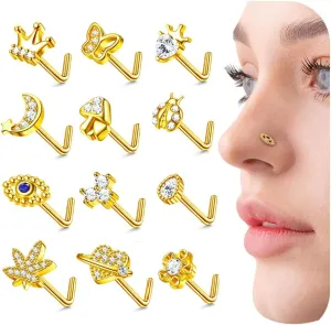 20G 12Pcs Nose Rings Stud Stainless Steel L Shaped Studs Nose Ring Flower CZ Evil Eye Butterfly Screw Nose Studs Jewelry for Women Men Silver 14K Gold Nose Stud Black Piercings Jewelry