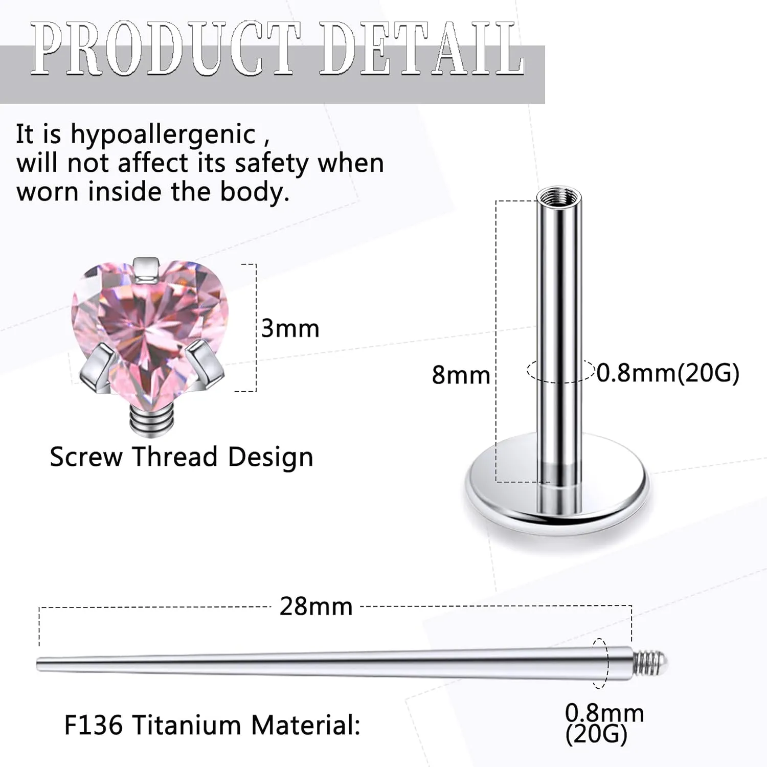 20G 18G 16G Internally Threaded Astm F136 Titanium Nose Ring Studs Flat Back Studs Earrings G23 Titanium Tragus Helix Conch Cartilage Earrings Piercing Jewelry For Women Men Clear Pink CZ