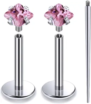 20G 18G 16G Internally Threaded Astm F136 Titanium Nose Ring Studs Flat Back Studs Earrings G23 Titanium Tragus Helix Conch Cartilage Earrings Piercing Jewelry For Women Men Clear Pink CZ