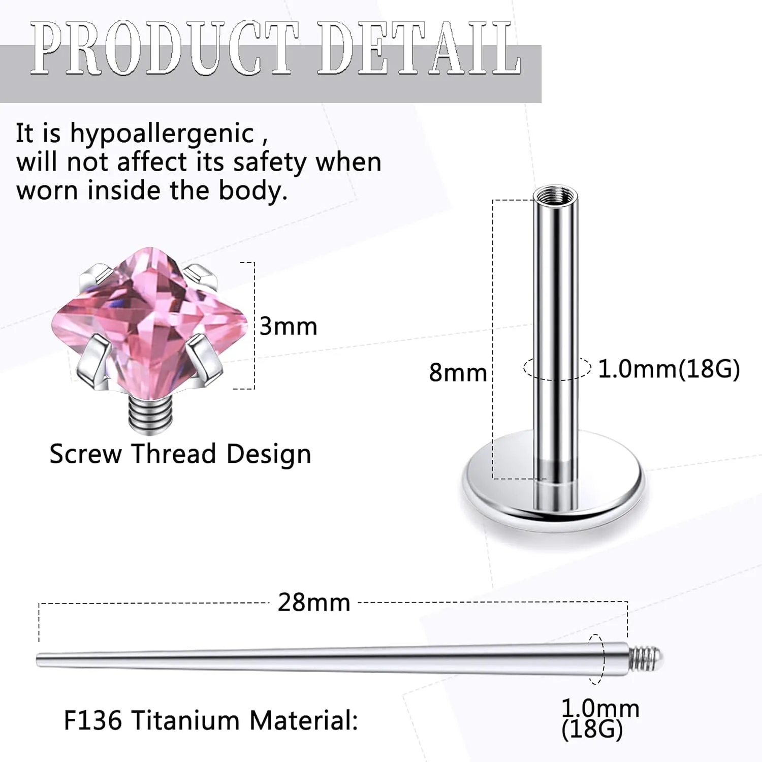 20G 18G 16G Internally Threaded Astm F136 Titanium Nose Ring Studs Flat Back Studs Earrings G23 Titanium Tragus Helix Conch Cartilage Earrings Piercing Jewelry For Women Men Clear Pink CZ