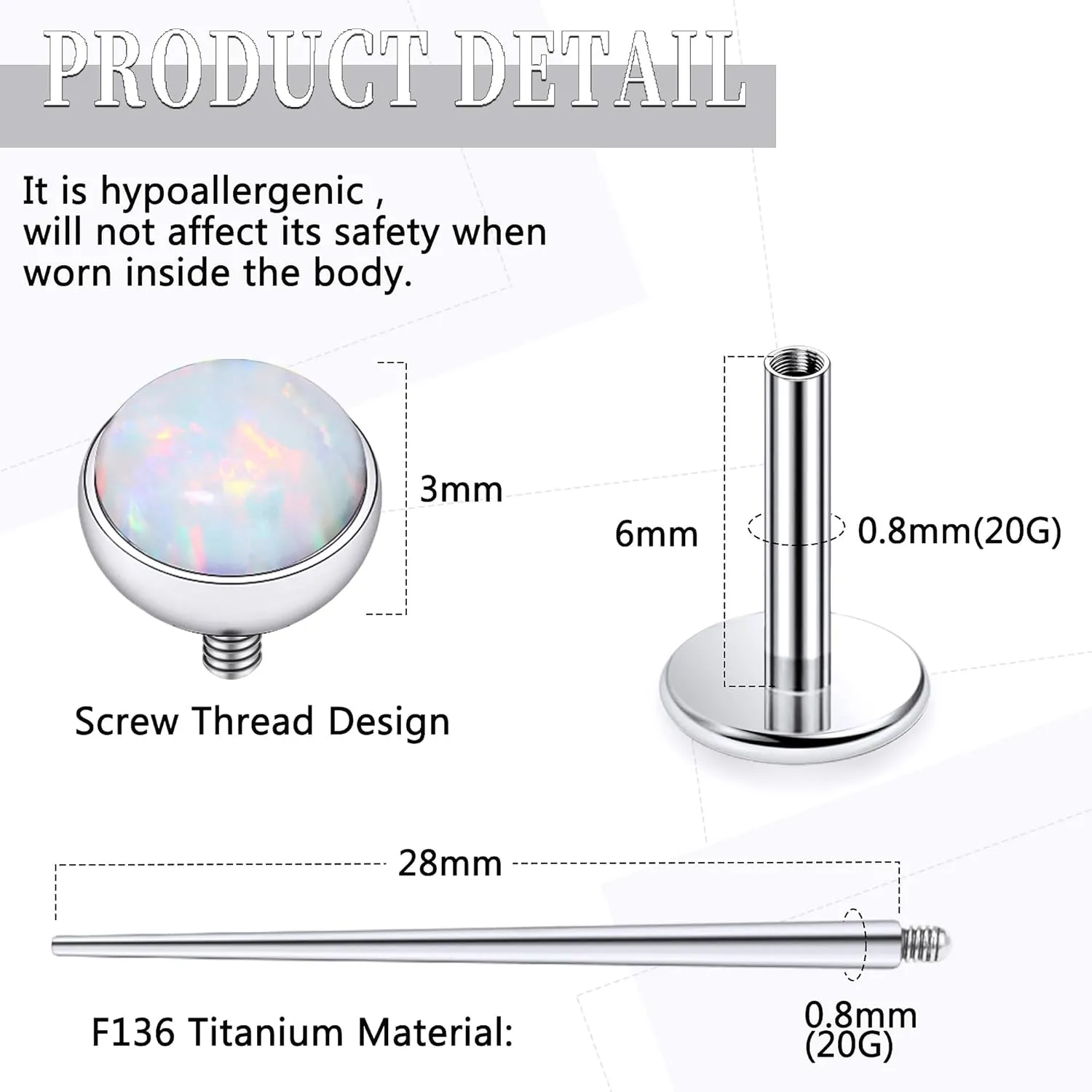 20G 18G 16G Internally Threaded Astm F136 Titanium Nose Ring Studs Flat Back Studs Earrings G23 Titanium Tragus Helix Conch Cartilage Earrings Piercing Jewelry For Women Men Opal 2-3mm