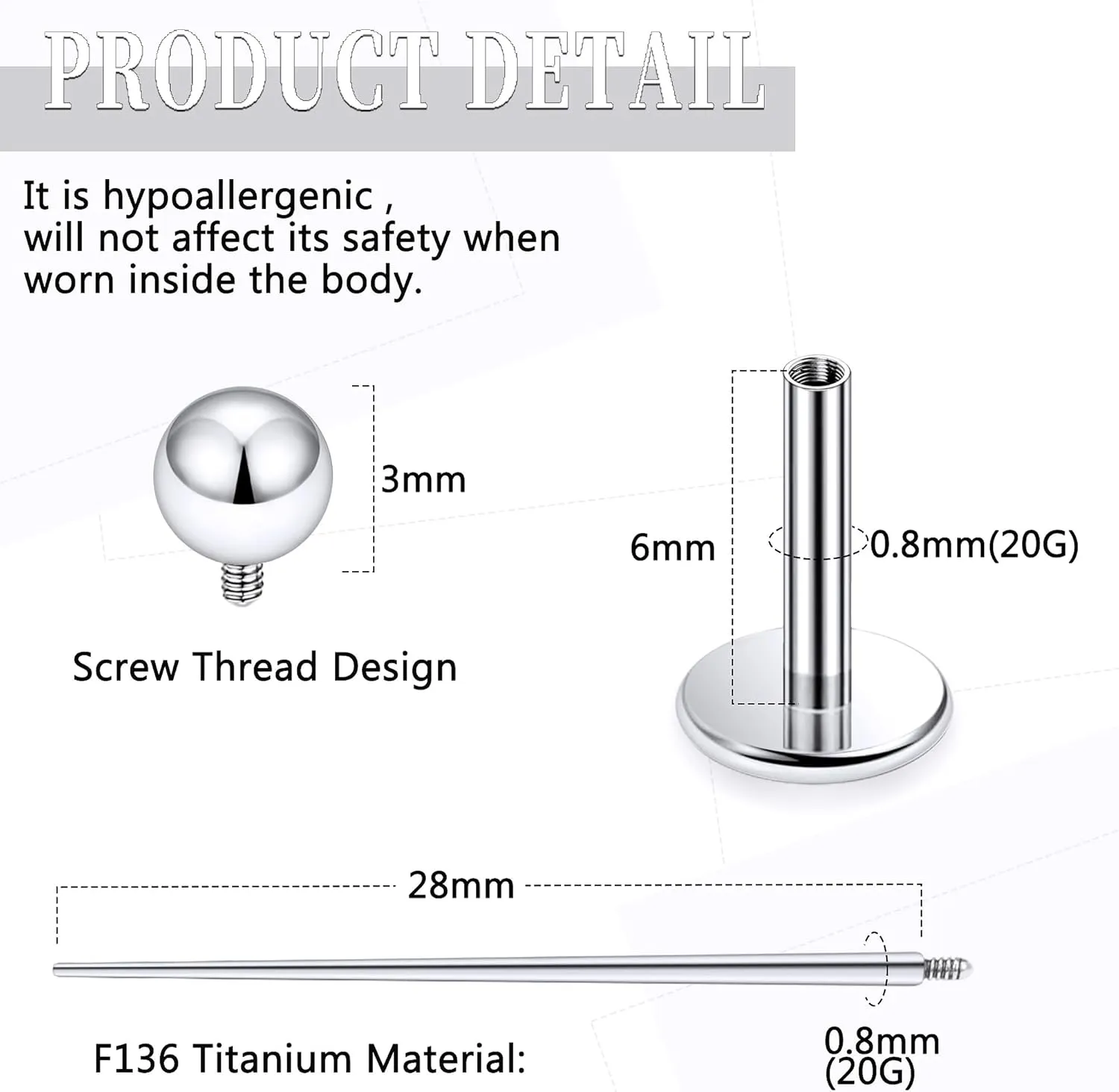 20G 18G 16G Internally Threaded Astm F136 Titanium Nose Ring Studs Flat Back Studs Earrings G23 Titanium Tragus Helix Conch Cartilage Lobe Earrings Piercing Jewelry For Women Men 6MM 8MM