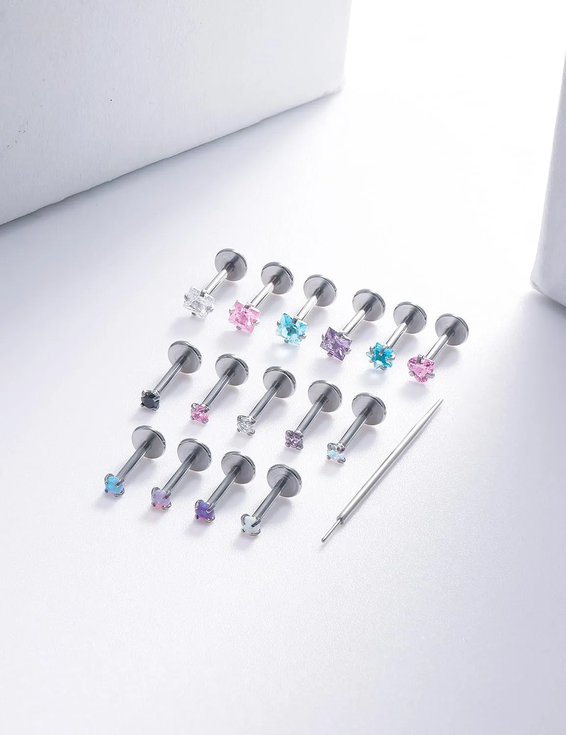 20G 18G 16G Threadless Nose Rings Studs Flat Back Earrings Surgical Stainless Steel Opal Nose Rings Stud Tragus Helix Conch Cartilage Earrings Piercing Jewelry For Women Men Hypoallergenic