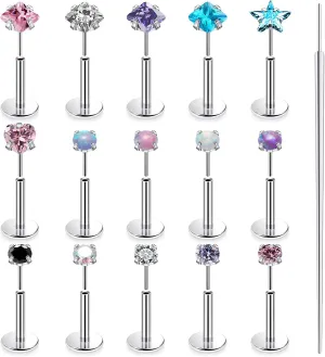 20G 18G 16G Threadless Nose Rings Studs Flat Back Earrings Surgical Stainless Steel Opal Nose Rings Stud Tragus Helix Conch Cartilage Earrings Piercing Jewelry For Women Men Hypoallergenic