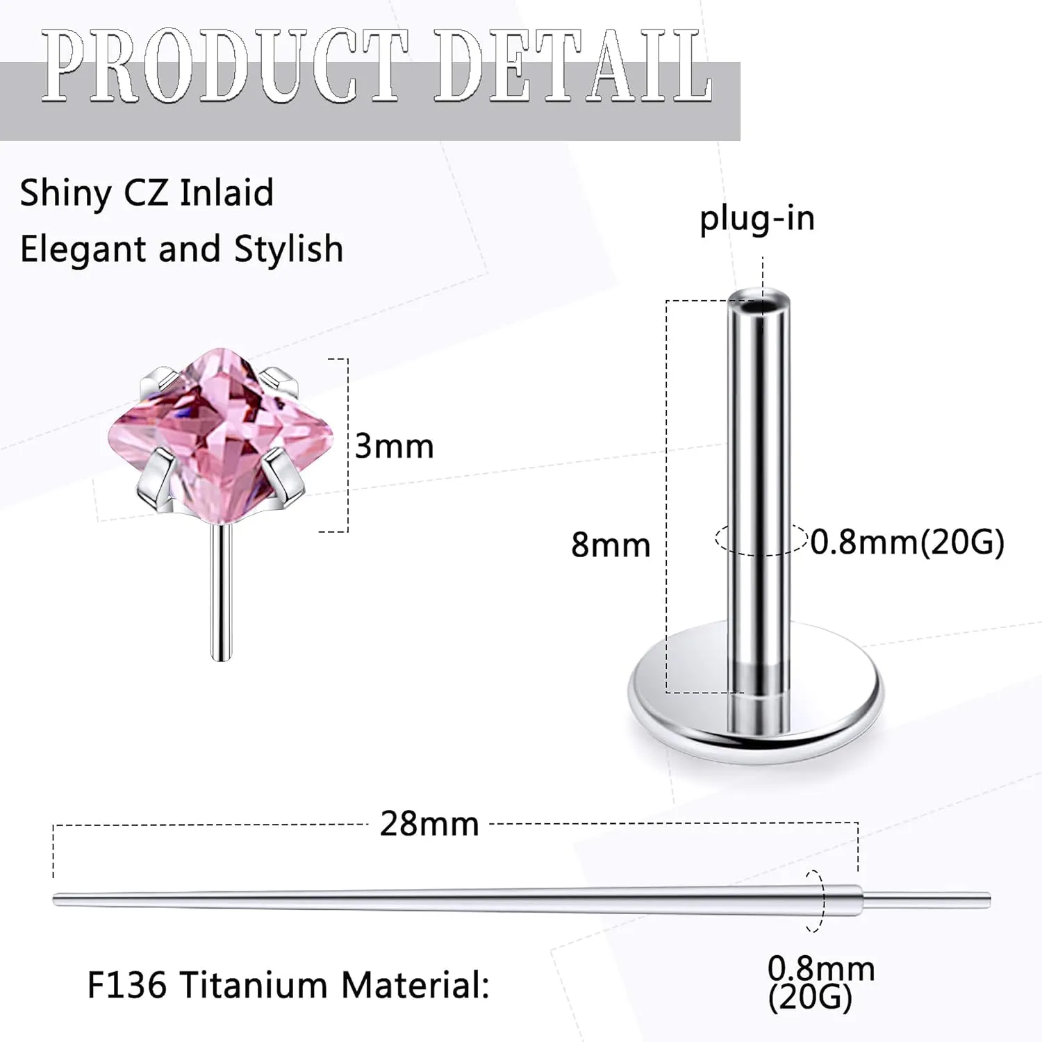 20G 18G 16G Threadless Push In Astm F136 Titanium Nose Ring Studs Flat Back Studs Earrings G23 Titanium Tragus Helix Conch Cartilage Earrings Piercing Jewelry For Women Men Clear Pink CZ