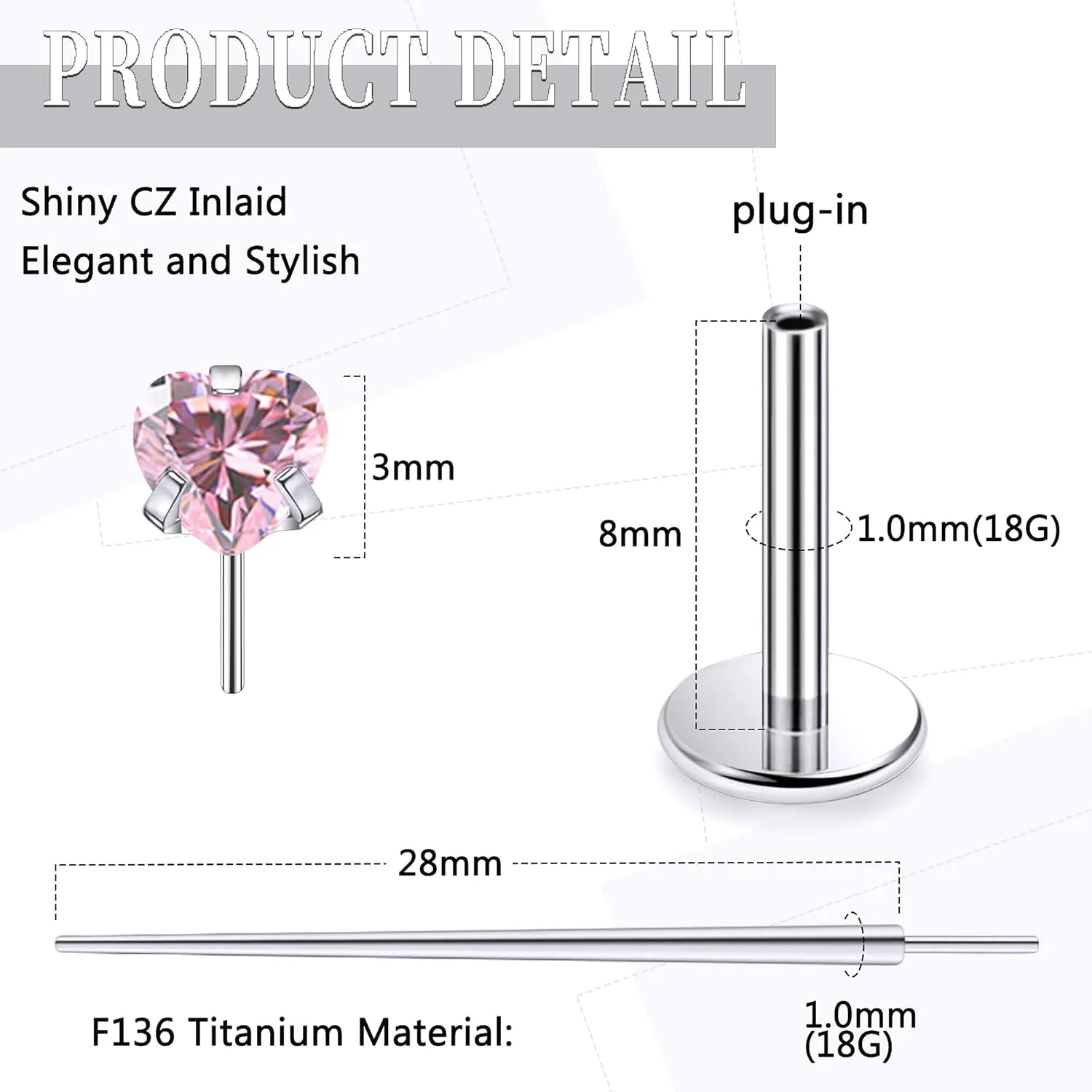 20G 18G 16G Threadless Push In Astm F136 Titanium Nose Ring Studs Flat Back Studs Earrings G23 Titanium Tragus Helix Conch Cartilage Earrings Piercing Jewelry For Women Men Clear Pink CZ