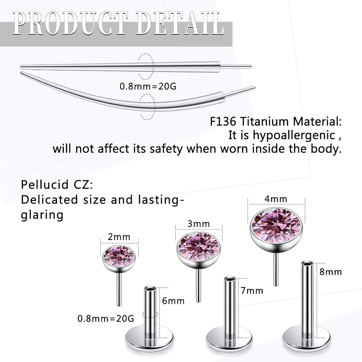 20G 18G 16G Threadless Push In Astm F136 Titanium Nose Ring Studs Flat Back Studs Earrings G23 Titanium Tragus Helix Conch Cartilage Earrings Piercing Jewelry For Women Men Clear Pink CZ