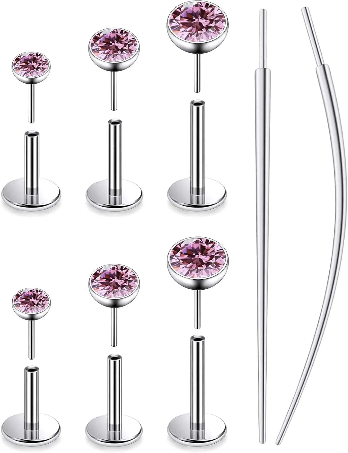 20G 18G 16G Threadless Push In Astm F136 Titanium Nose Ring Studs Flat Back Studs Earrings G23 Titanium Tragus Helix Conch Cartilage Earrings Piercing Jewelry For Women Men Clear Pink CZ