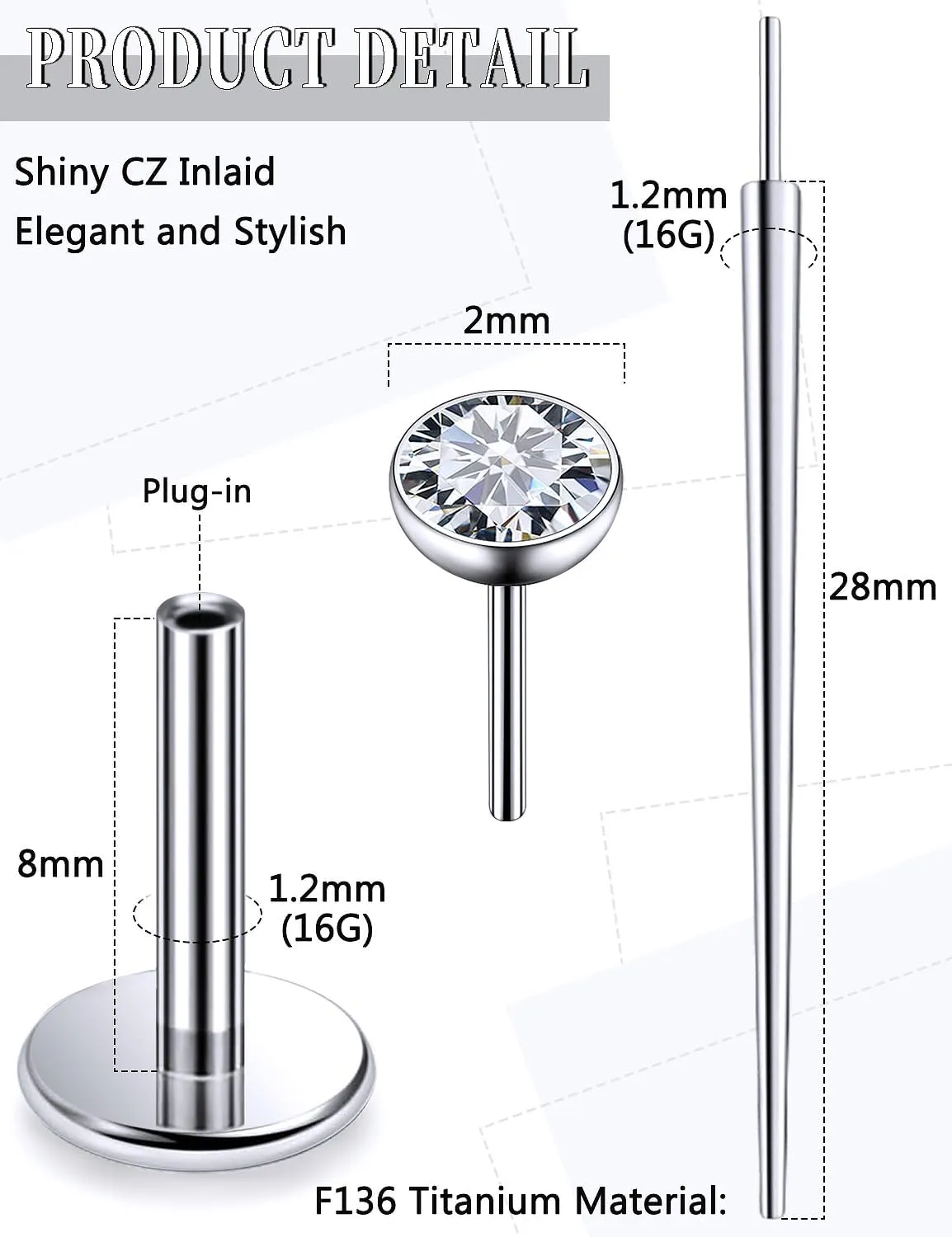 20G 18G 16G Threadless Push In Astm F136 Titanium Nose Ring Studs Flat Back Studs Earrings G23 Titanium Tragus Helix Conch Cartilage Earrings Piercing Jewelry For Women Men CZ 2mm 3mm 4mm