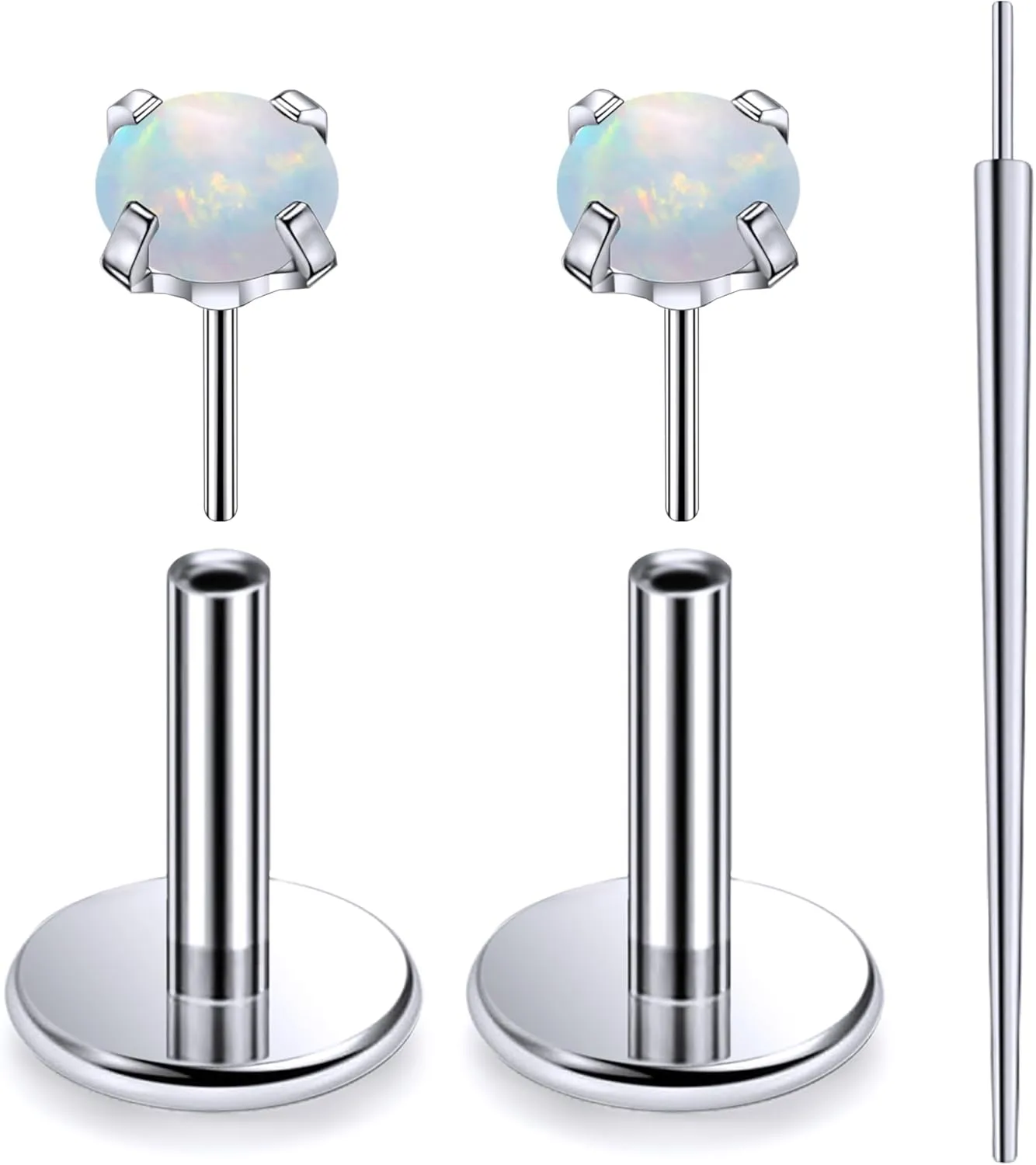 20G 18G 16G Threadless Push In Astm F136 Titanium Nose Ring Studs Flat Back Studs Earrings G23 Titanium Tragus Helix Conch Cartilage Earrings Piercing Jewelry For Women Men Opal 2-3mm