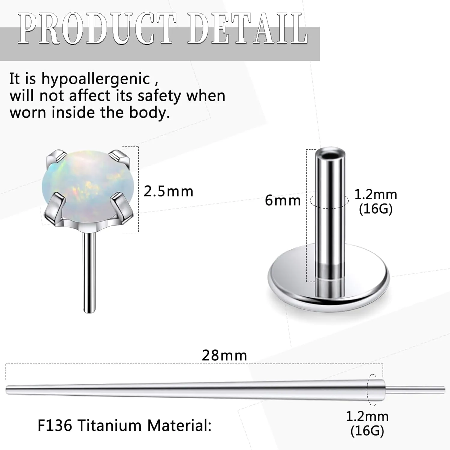 20G 18G 16G Threadless Push In Astm F136 Titanium Nose Ring Studs Flat Back Studs Earrings G23 Titanium Tragus Helix Conch Cartilage Earrings Piercing Jewelry For Women Men Opal 2-3mm