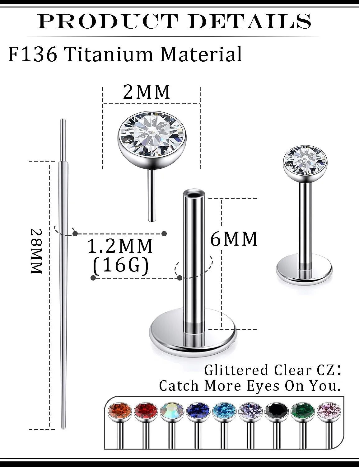 20G 18G 16G Titanium Threadless Flat Back Earrings Nose Ring Studs Tragus Labret Medusa Piercing Jewelry G23 Monroe Lip Ring Snake Bite Forward Helix Conch Cartilage Earrings Piercing Jewelry